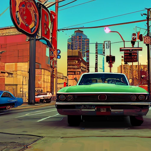 snthwve style:0.05, nvinkpunk:1.8, (GTA 5), a portrait of a classic car in a modern city, colorful, hyperdetailed, intricate, concept art, smooth, 3d, 8k resolution wallpaper, micro-details, extremely detailed, epic, ultra detailed, proportional, award-winning, clean, refreshing, beautiful lighting, trend on artstation, trend on pixiv, vivid, dynamic, intricate, high quality, detailed, lush, strong lines