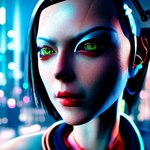 side close up portrait of 1 cyberpunk girl, detailed face, spotlight, cyberpunk city, wired, multicolored, vibrant high contrast, hyperrealistic, photografic, 8k, epic ambient light, octane render