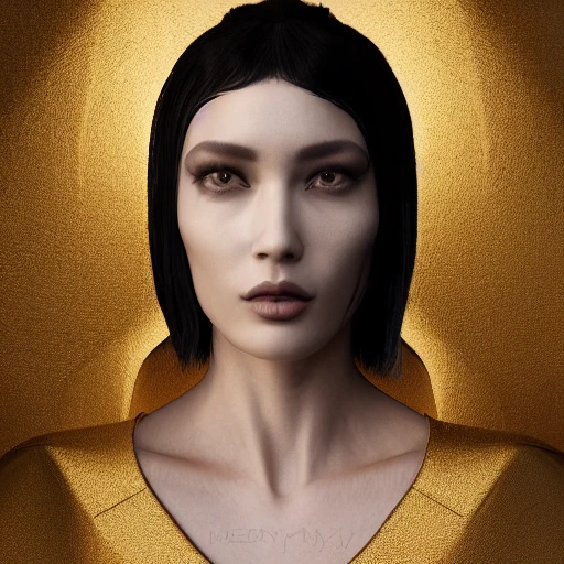 mdjrny-v4 style, symmetric, intricate, centred 3d render ultra detailed of a beautiful porcelain and gold profile portrait woman, 150 mm, beautiful studio soft light, rim light, vibrant details, luxurious antic, hyperrealistic, anatomical, facial muscles, blade runner atmosphere , elegant, octane render, H. R. Giger style, 8k