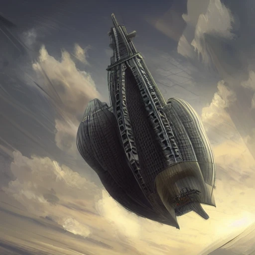 huge airship flying through skyscrapers under a cloudy sky, highly detailed, concept art, 4k, steampunk