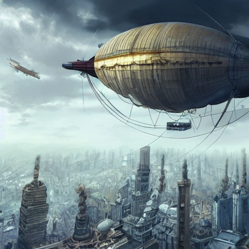 huge airship flying through skyscrapers under a cloudy sky, highly detailed, concept art, 4k, steampunk