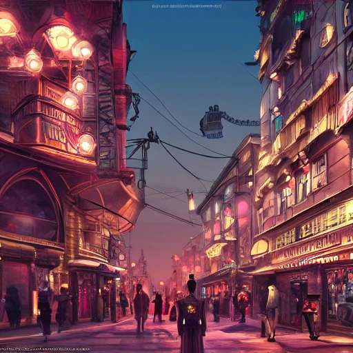 matte painting of a beautiful steampunk city, clear skys, people walking, neon lights, digital art, trending on artstation , 3D

