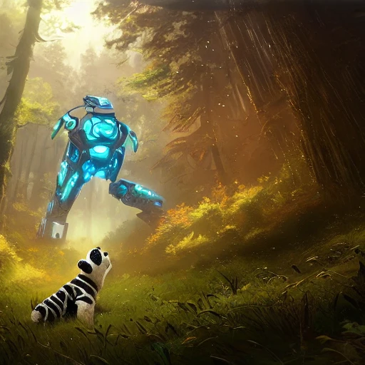 cyber contraption panda mech, forest background, cinematic view, epic sky, detailed, concept art, low angle, high detail, warm lighting, volumetric, godrays, vivid, beautiful, trending on artstation, by jordan grimmer, huge scene, grass, art greg rutkowski