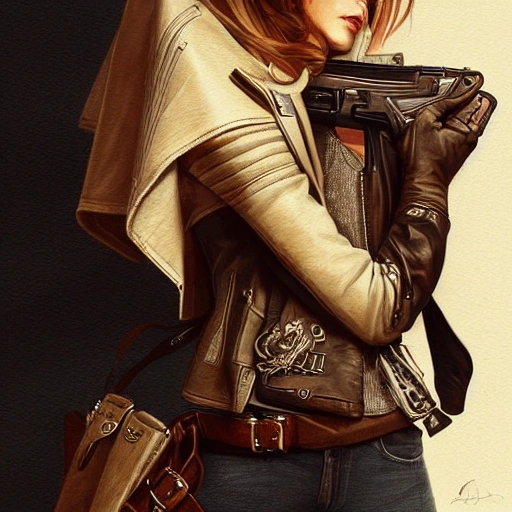 gunslinger wearing a leather jacket holding a pistol, mystic, elegant, highly detailed, digital painting, artstation, concept art, smooth, sharp focus, illustration, art by artgerm and greg rutkowski and alphonse mucha