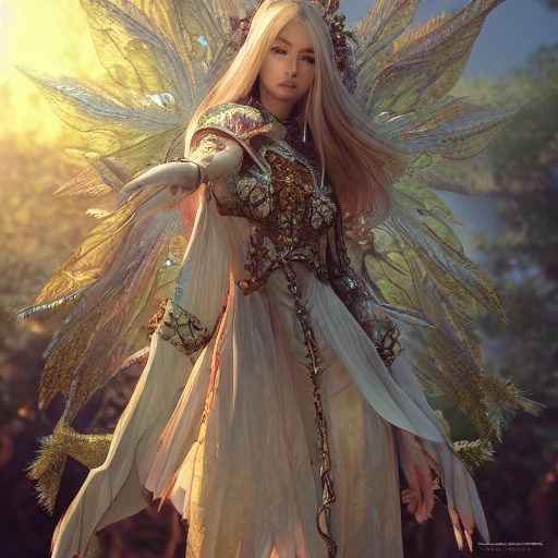 angelic woman 4k digital illustration intricately detailed elven tree priestess, ornate fractal background inspired by ross tran and masamune shirow and kuvshinov, cinematic lighting, photorealistic, concept art, intricate, detailed, huang guangjian, octane render, god rays, hdr