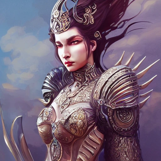 seashell warrior queen, full body character concept art, covered in full leather armor, art nouveau, super powers, fantasy, intricate, elegant, highly detailed, digital painting, artstation, concept art, shining, sharp focus, illustration, art by stanley lau