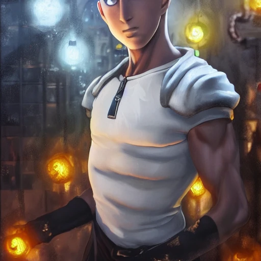 one punch man, an oil painting portrait, a steampunk city alley, deep brown skin, realistic gray eyes, volumetric lighting, trending on artstation