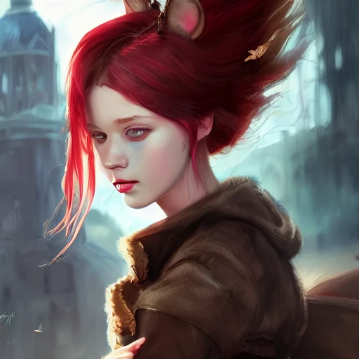 realistic portrait of a young teen girl, red hair, dark fantasy, steam punk outfit, bunny ears, long hair, medieval town in background, dust around, highly detailed, digital painting, trending on artstation, pixiv, concept art, sharp focus, illustration, art by Ross Tran and Greg Rutkowski and Walt Disney animation