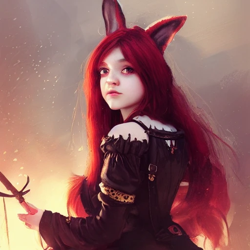 realistic portrait of a young teen girl, red hair, dark fantasy, steam punk outfit, bunny ears, long hair, medieval town in background, dust around, highly detailed, digital painting, trending on artstation, pixiv, concept art, sharp focus, illustration, art by stanley lau