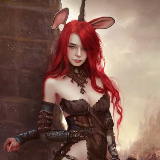 realistic portrait of a young teen girl, red hair, dark fantasy, steam punk outfit, bunny ears, long hair, medieval town in background, covered in full leather armor, art nouveau, super powers, fantasy, highly detailed, digital painting, trending on artstation, pixiv, concept art, sharp focus, illustration, art by stanley lau