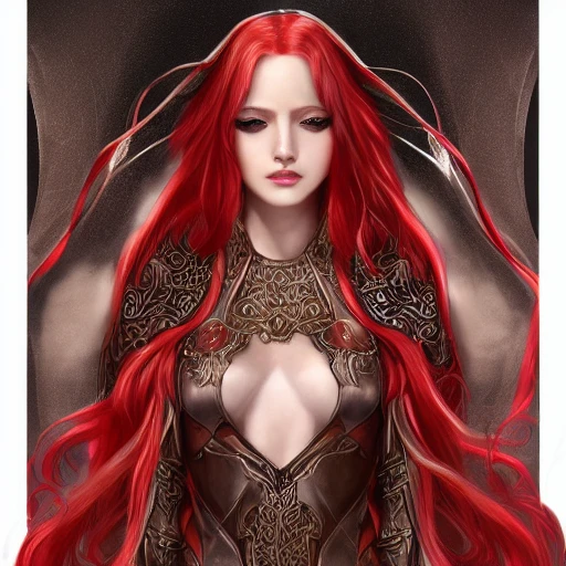 bunny ears, long red hair, seashell warrior queen, full body, beautiful face, character concept art, covered in full leather armor, art nouveau, super powers, fantasy, intricate, elegant, highly detailed, digital painting, artstation, concept art, shining, sharp focus, illustration, art by stanley lau