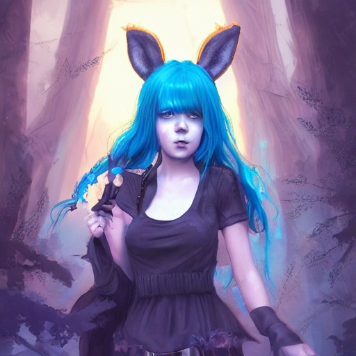 realistic portrait of a young teen girl, blue hair, dark fantasy, dark style outfit,headphones with bunny ears super short hair, casting a bright large-scale magical steam punk like city, magic dust around, highly detailed, digital painting, trending on artstation, pixiv, concept art, sharp focus, illustration, art by Ross Tran and Greg Rutkowski and Walt Disney animation
