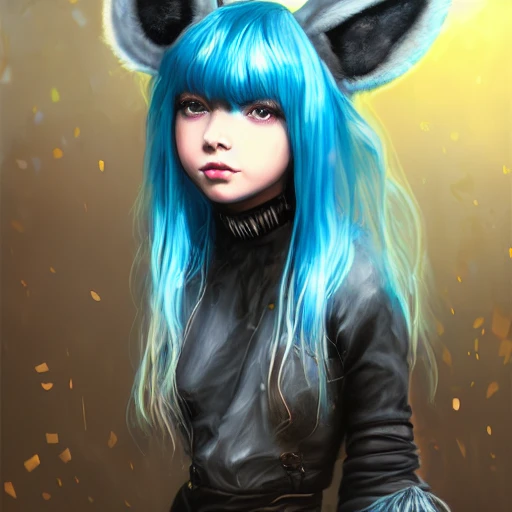 realistic portrait of a young teen girl, blue hair, dark fantasy, dark style outfit,headphones with bunny ears super short hair, casting a bright large-scale magical steam punk like city, magic dust around, highly detailed, digital painting, trending on artstation, pixiv, concept art, sharp focus, illustration, art by Ross Tran and Greg Rutkowski and Walt Disney animation