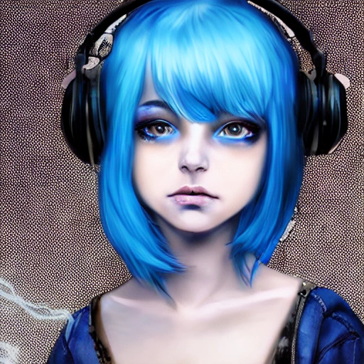 realistic portrait of a young teen girl, blue hair, dark fantasy, dark style outfit,headphones with bunny ears super short hair, casting a bright large-scale magical steam punk like city, magic dust around, highly detailed, digital painting, artstation, pixiv, concept art, sharp focus, illustration