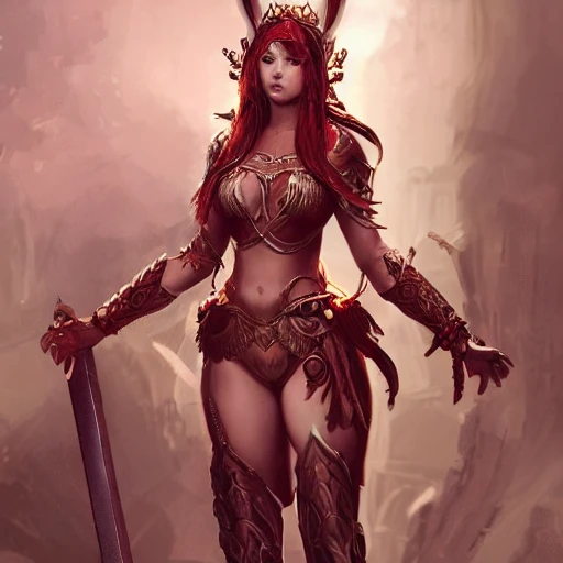 warrior queen, full body, beautiful face, bunny ears, long red hair, long sword wielding, character concept art, covered in full leather armor, art nouveau, super powers, fantasy, intricate, highly detailed, digital painting, artstation, concept art, shining, sharp focus, illustration, art by stanley lau