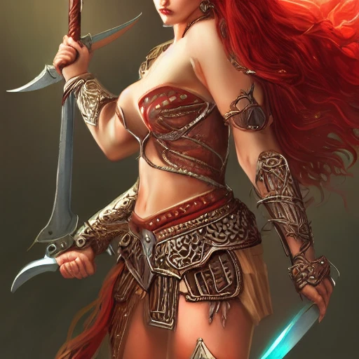 warrior queen, full body, beautiful face, bunny ears, long red hair, long sword wielding, character concept art, covered in full leather armor, art nouveau, super powers, fantasy, intricate, highly detailed, digital painting, artstation, concept art, shining, sharp focus, illustration, art by stanley lau