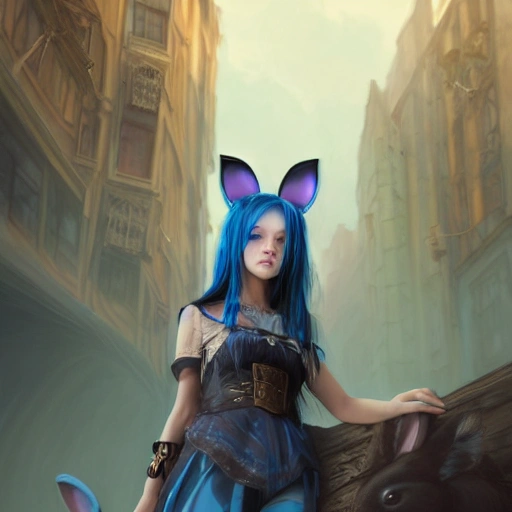 realistic  portrait of a young teen girl, blue hair, dark fantasy, dark style outfit,headphones with bunny ears super short hair, casting a bright large-scale magical steam punk like city, magic dust around, highly detailed, digital painting, trending on artstation, pixiv, concept art, sharp focus, illustration, art by Ross Tran and Greg Rutkowski and Walt Disney animation