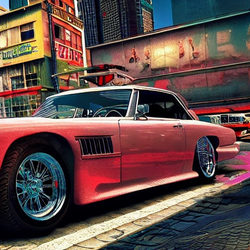snthwve style:0.05, nvinkpunk:1.8, (GTA 5), a portrait of a vintage car in a modern city background, sci-fi, colorful, hyperdetailed, intricate, concept art, smooth, 3d, 8k resolution wallpaper, micro-details, extremely detailed, epic, ultra detailed, proportional, award-winning, clean, refreshing, beautiful lighting, trend on artstation, trend on pixiv, vivid, dynamic, intricate, high quality, detailed, lush, strong lines