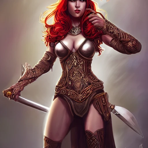 warrior queen, full body, beautiful face, bunny ears, long red hair, long sword wielding, character concept art, covered in full leather armor, art nouveau, super powers, fantasy, sexy, intricate, highly detailed, digital painting, artstation, concept art, shining, sharp focus, illustration, art by stanley lau