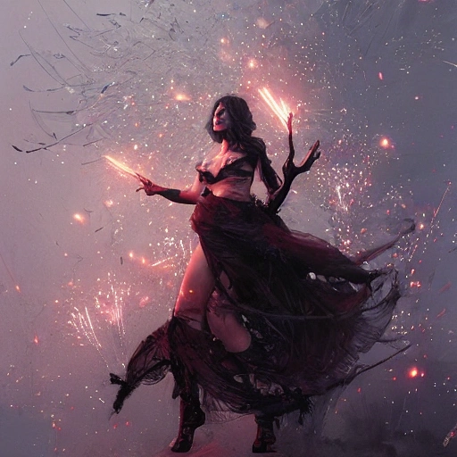 full body, beautiful face, witch, sexy, fireworks, intricate, sharp focus, illustration, highly detailed, digital painting, concept art, matte, art by ruan jia and wlop and greg rutkowski, masterpiece 