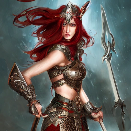 warrior queen, full body, beautiful face, bunny ears, long red hair, long sword wielding, character concept art, covered in full leather armor, art nouveau, super powers, fantasy, sexy, intricate, highly detailed, digital painting, artstation, concept art, shining, sharp focus, illustration, art by stanley lau