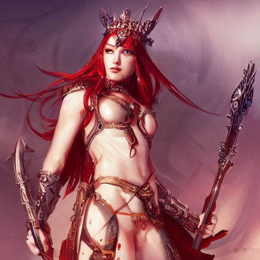 warrior queen, full body, beautiful face, bunny ears, long red hair, long sword wielding, character concept art, covered in full leather armor, art nouveau, super powers, fantasy, sexy, intricate, highly detailed, digital painting, artstation, concept art, shining, sharp focus, illustration, art by stanley lau