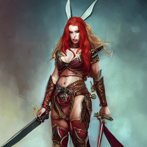 warrior queen, full body, beautiful face, bunny ears, long red hair, long sword wielding, character concept art, covered in full leather armor, art nouveau, super powers, fantasy, sexy, intricate, highly detailed, digital painting, artstation, concept art, shining, sharp focus, illustration, art by stanley lau