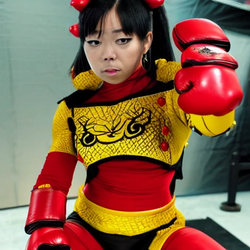 cute and strong bee in the ring, short arms, piercing gaze, dragon scales, toei style, boxer, red, yellow skin with black --v 4