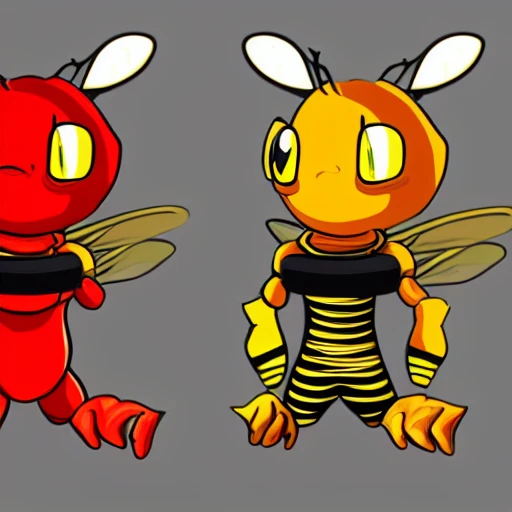 cute and strong bee in the ring, short arms, piercing gaze, dragon scales, Sunrise style, boxer, red, yellow skin with black, , Cartoon