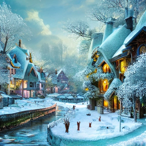 litte village in winter, snow covered, with green pines trees 
 detailed , and lot of plants, buildings, art nouveau, concept art, Elaborate, highly detailed, Fantasy, epic winter landscape with a stream, with sparkle, intricate complex defined maximalist photorealistic matte painting, bright colors, 8K resolution, polished ethereal divine magical