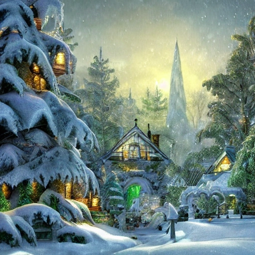 litte village in winter, snow covered, with green pines trees ...