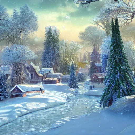 litte village in winter, snow covered, with green pines trees 
 detailed , and lot of plants, buildings, art nouveau, concept art, Elaborate, highly detailed, Fantasy, epic winter landscape with a stream, with sparkle, intricate complex defined maximalist photorealistic matte painting, bright colors, 8K resolution, polished ethereal divine magical, 3D