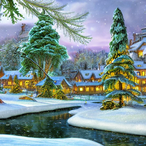 litte village in winter, snow covered, with green pines trees 
 detailed , and lot of plants, buildings, art nouveau, concept art, Elaborate, highly detailed, Fantasy, epic winter landscape with a stream, with sparkle, intricate complex defined maximalist photorealistic matte painting, bright colors, 8K resolution, polished ethereal divine magical , Oil Painting