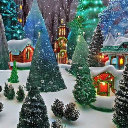 litte Xmas village in winter, snow covered, with green pines trees 
 detailed , and lot of plants, buildings, art nouveau, concept art, Elaborate, highly detailed, Fantasy, epic winter landscape with a stream, with sparkle, intricate complex defined maximalist photorealistic matte painting, bright colors, 8K resolution, polished ethereal divine magical , Trippy