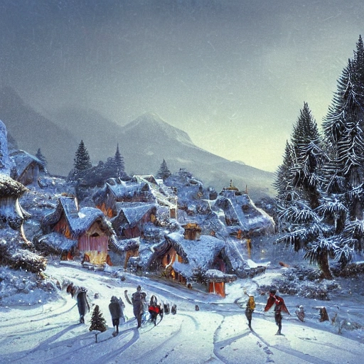  litte village in winter, snow covered, with green pines trees, and character portrait of a contented man grecian warrior , and lot of plants, buildings, art nouveau, concept art, Elaborate, highly detailed, Fantasy, epic winter landscape with a stream, with sparkle, intricate complex defined maximalist photorealistic matte painting, bright colors, 8K resolution, polished ethereal divine magical , Trippy