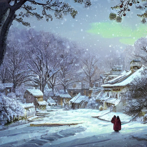  litte village in winter, snow covered, with green pines trees, and character portrait of a contented man grecian warrior , and lot of plants, buildings, art nouveau, concept art, Elaborate, highly detailed, Fantasy, epic winter landscape with a stream, with sparkle, intricate complex defined maximalist photorealistic matte painting, bright colors, 8K resolution, polished ethereal divine magical