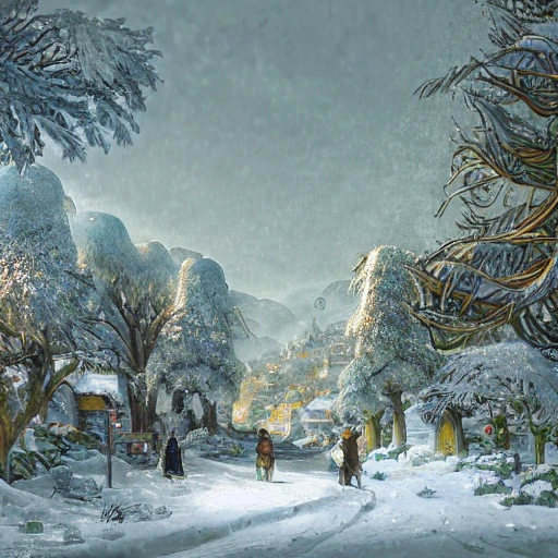  litte village in winter, snow covered, with green pines trees, and character portrait of a contented man grecian warrior , and lot of plants, buildings, art nouveau, concept art, Elaborate, highly detailed, Fantasy, epic winter landscape with a stream, with sparkle, intricate complex defined maximalist photorealistic matte painting, bright colors, 8K resolution, polished ethereal divine magical, 3D