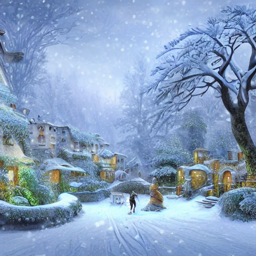  litte village in winter, snow covered, with green pines trees, and character portrait of a contented man grecian warrior , and lot of plants, buildings, art nouveau, concept art, Elaborate, highly detailed, Fantasy, epic winter landscape with a stream, with sparkle, intricate complex defined maximalist photorealistic matte painting, bright colors, 8K resolution, polished ethereal divine magical, 3D, Trippy