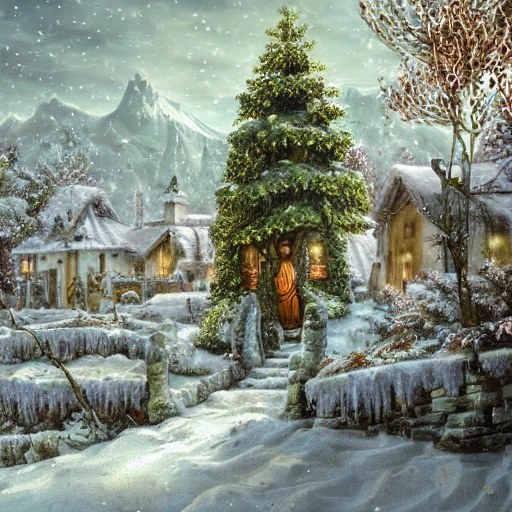  litte village in winter, snow covered, with green pines trees, and character portrait of a contented man grecian warrior , and lot of plants, buildings, art nouveau, concept art, Elaborate, highly detailed, Fantasy, epic winter landscape with a stream, with sparkle, intricate complex defined maximalist photorealistic matte painting, bright colors, 8K resolution, polished ethereal divine magical, 3D, Trippy, Oil Painting, Cartoon