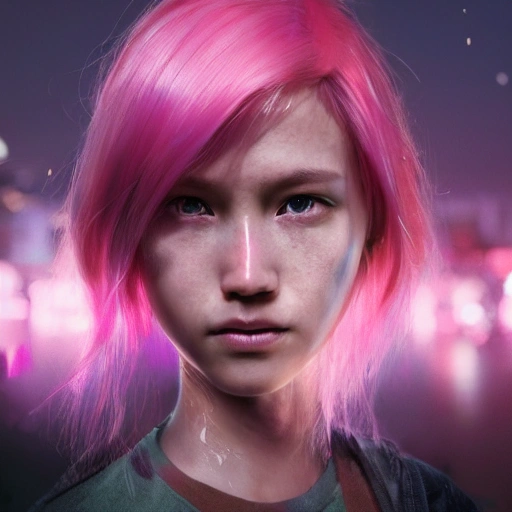 Beautiful young girl, pink hair, detailed face, detailed eyes, Japanese, camouflage, spotlight, futuristic city, multicolor, surreal, photography, 8k, epic ambient light, octane rendering, Greg Rutkowski, Michael Whelan