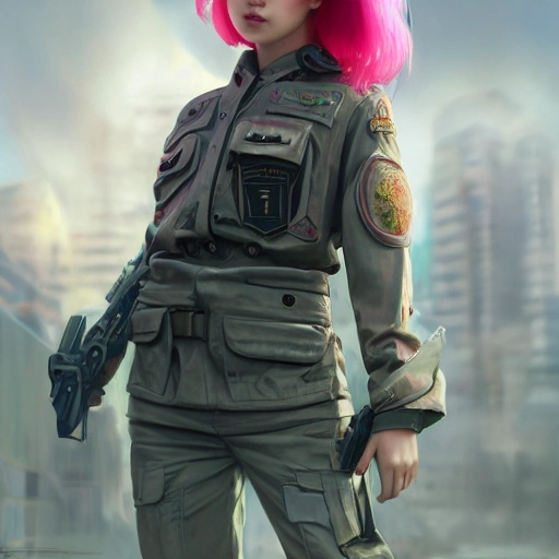 Beautiful young girl, pink hair, detailed face, detailed eyes, Japanese, military uniform, spotlight, futuristic city, surreal, photography, 8k, epic ambient light, octane rendering, Greg Rutkowski, Michael Whelan