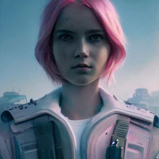 Beautiful young girl, pink hair, detailed face, detailed eyes, military uniform, spotlights, futuristic city, surrealism, photography, 8k, epic ambient light, octane rendering, Greg Rutkowski, Michael Whelan