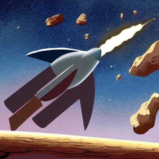 a rocket navigating through an asteroid field in space , Cartoon