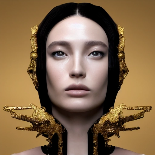 mdjrny-v4 style, symmetric, intricate, centred 3d render ultra detailed of a beautiful porcelain and gold profile portrait woman, 150 mm, beautiful studio soft light, rim light, vibrant details, luxurious antic, hyperrealistic, anatomical, facial muscles, blade runner atmosphere , elegant, octane render, H. R. Giger style, 8k