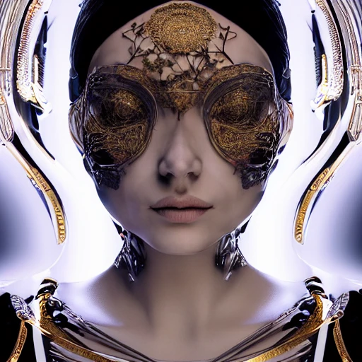 mdjrny-v4 style, symmetric, intricate, centred 3d render ultra detailed of a beautiful porcelain and gold profile portrait woman, 150 mm, beautiful studio soft light, rim light, vibrant details, luxurious antic, hyperrealistic, anatomical, facial muscles, blade runner atmosphere , elegant, octane render, H. R. Giger style, 8k