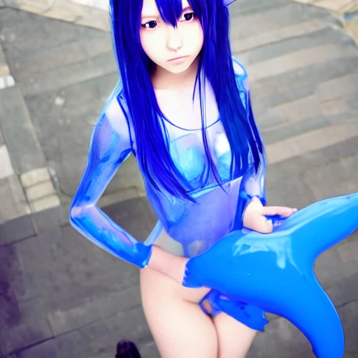 blue slug-girl, 170 cm, 20 years old, half-transparent body of mucus, without dress, anime