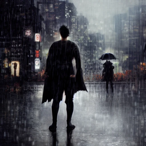 Ruan Jia, night, high detail people, black-haired young man, Japanese, 4K, light and shadow, city with rain in the background, superhero
