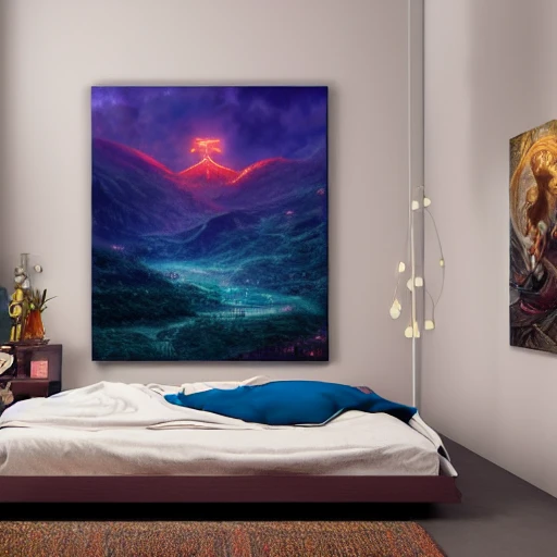 somebody in a bed dreaming about a fantasy art world, deep color, 8k ultra, 3D