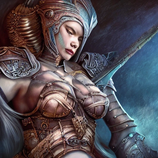 warrior woman with armor and fabrics metal in a bed dreaming about a fantasy art world, deep color, 8k ultra