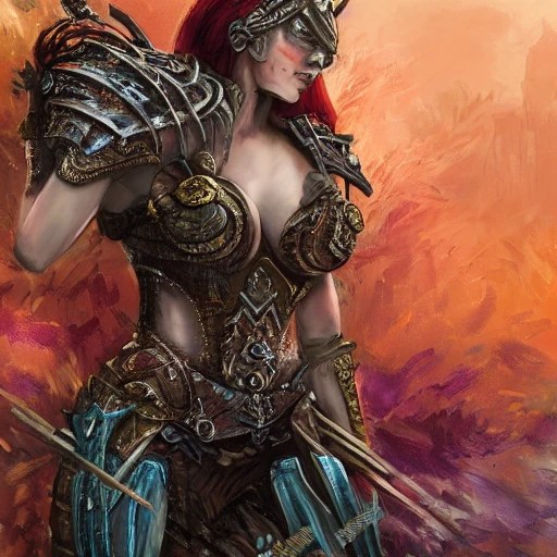 warrior woman with armor and fabrics metal in a bed dreaming about a fantasy art world, deep color, 8k ultra, Trippy